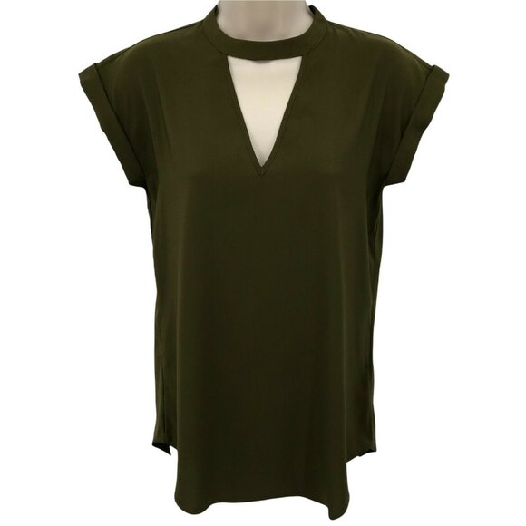 Express Womens Cap Sleeve Casual Key Hole Neck Olive Green Blouse Top Size XS - Picture 1 of 8